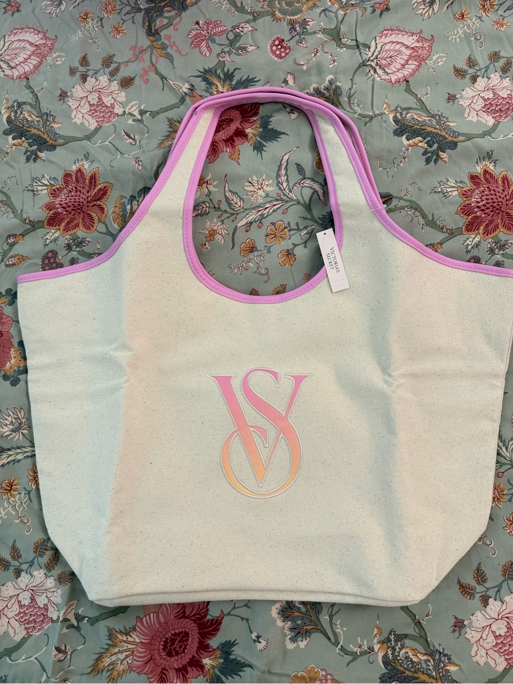 Victoria's Secret Cream Canvas Tote with Pink Trim